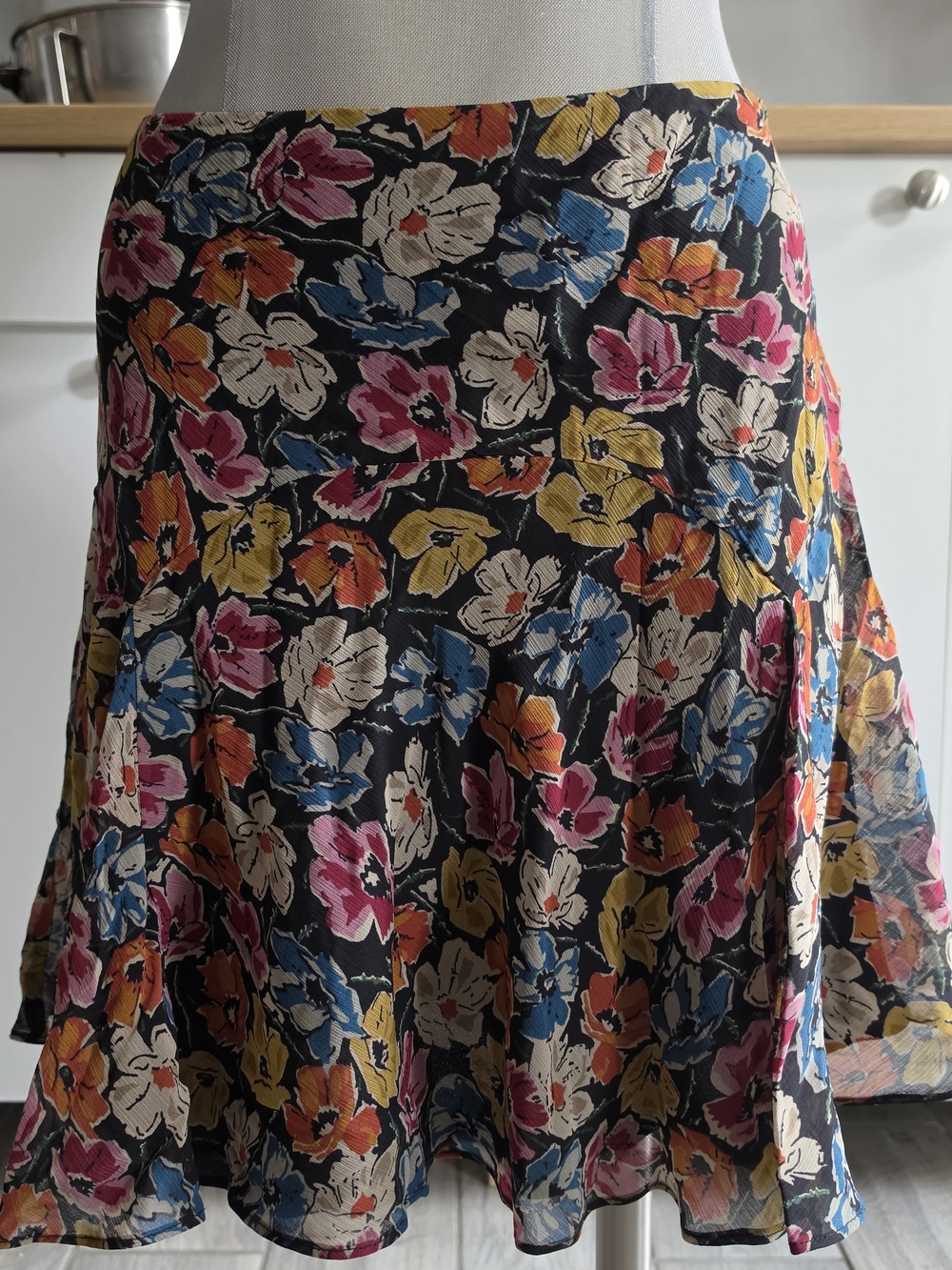 Ralph Lauren Black Floral Circle Skirt with Pink, Blue & Yellow Blooms